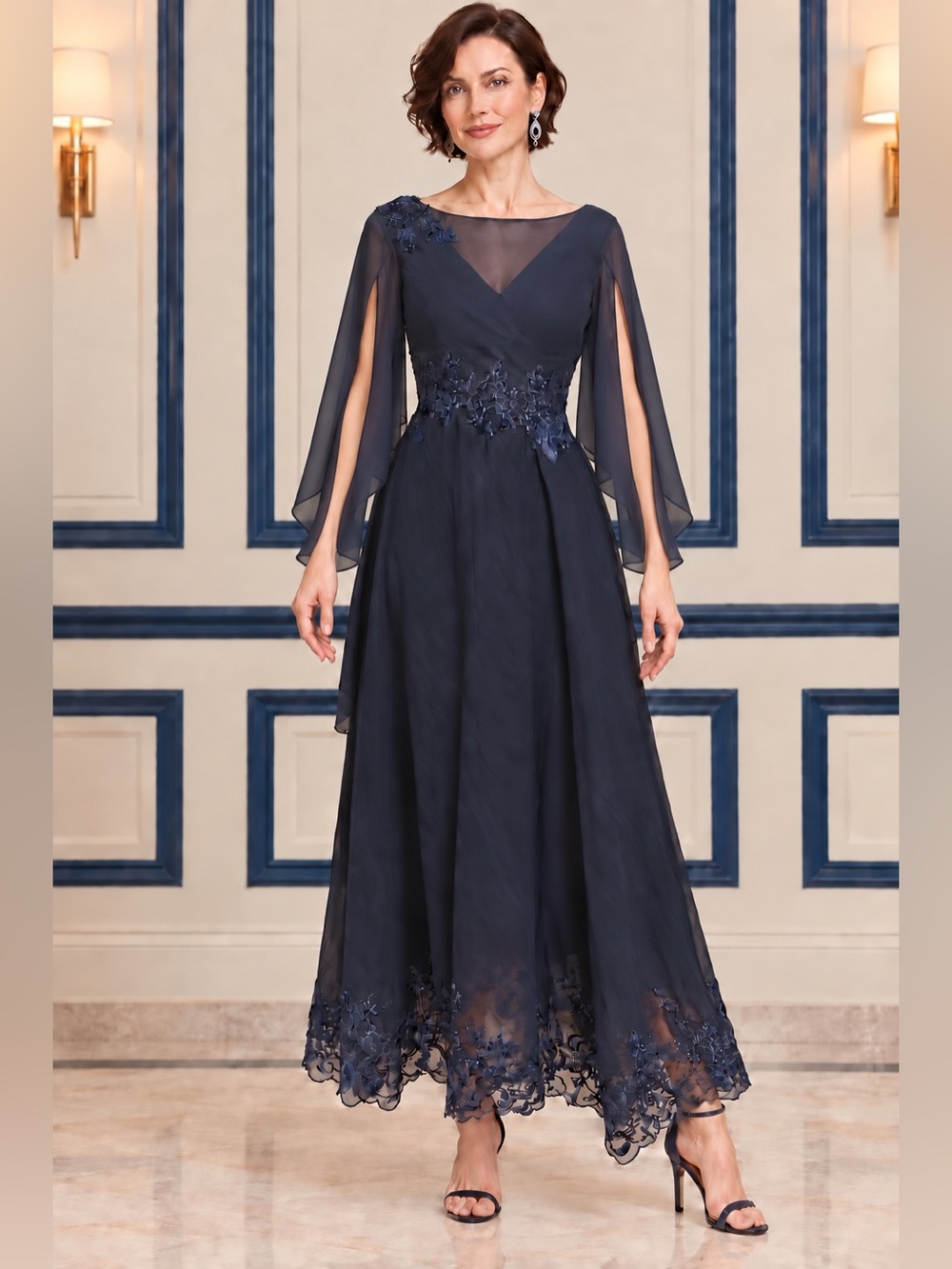 NWOT Navy Blue Chiffon Lace Appliqué Corset Formal Wedding Gala Military Sz 10